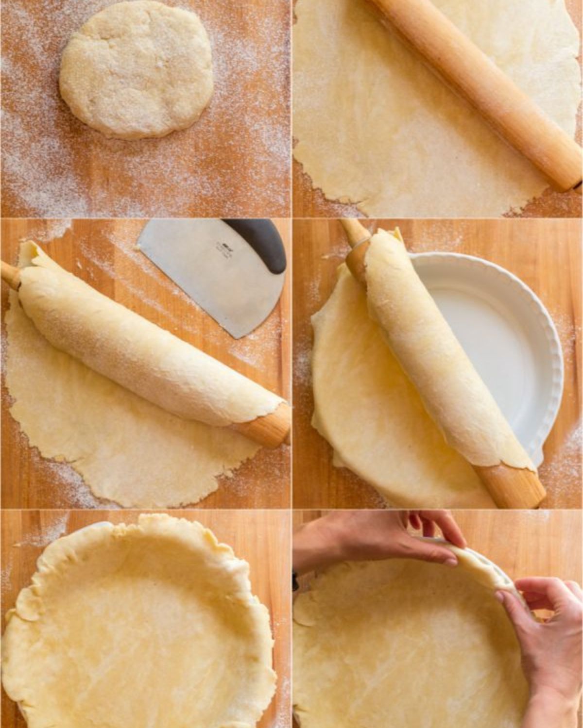 Six-step photo collage showing how to roll pie crust from scratch — flour-dusted dough ball, rolled-out crust, rolled onto pin, transferred over pie dish, fitted in pan, and pressed into edges