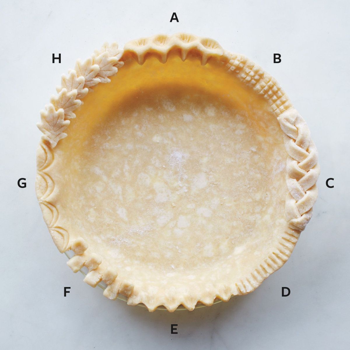 Overhead view of an unbaked pie crust with eight decorative edge designs labeled A through H — scalloped, crosshatched, braided, flattened, pinched, tabbed, scalloped with spoon impressions, and dough leaves