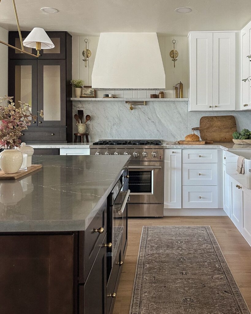 Two-tone kitchen mixing dark walnut and white cabinetry for contrast in the Paisley Project