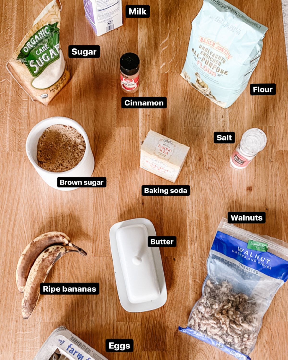 Labeled banana bread ingredients laid out on a wood surface — ripe bananas, flour, sugar, brown sugar, butter, eggs, milk, baking soda, salt, cinnamon, and walnuts