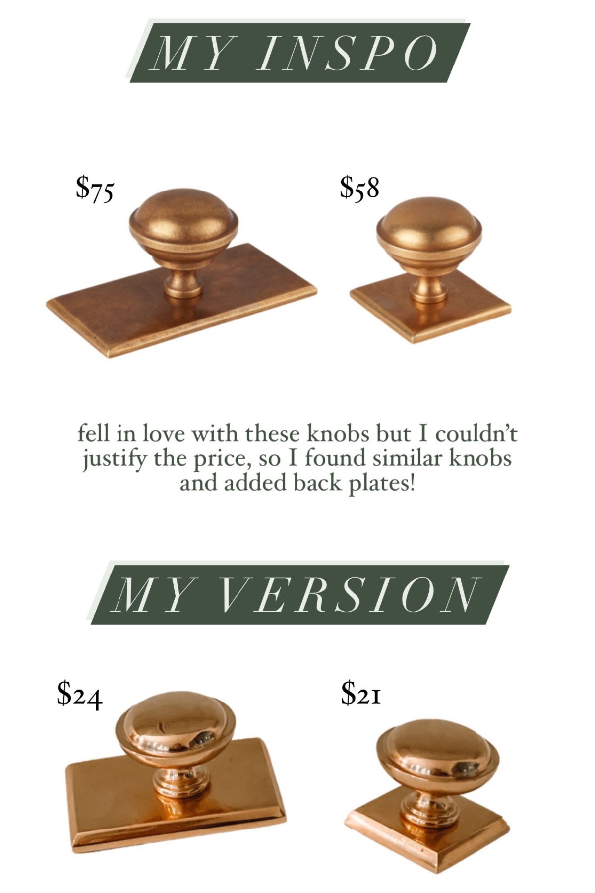 Side-by-side comparison of designer brass cabinet knobs priced $75 and $58 above Liz Lovery's duped versions priced $24 and $21