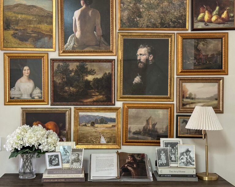traditional gallery wall with gold ornate frames