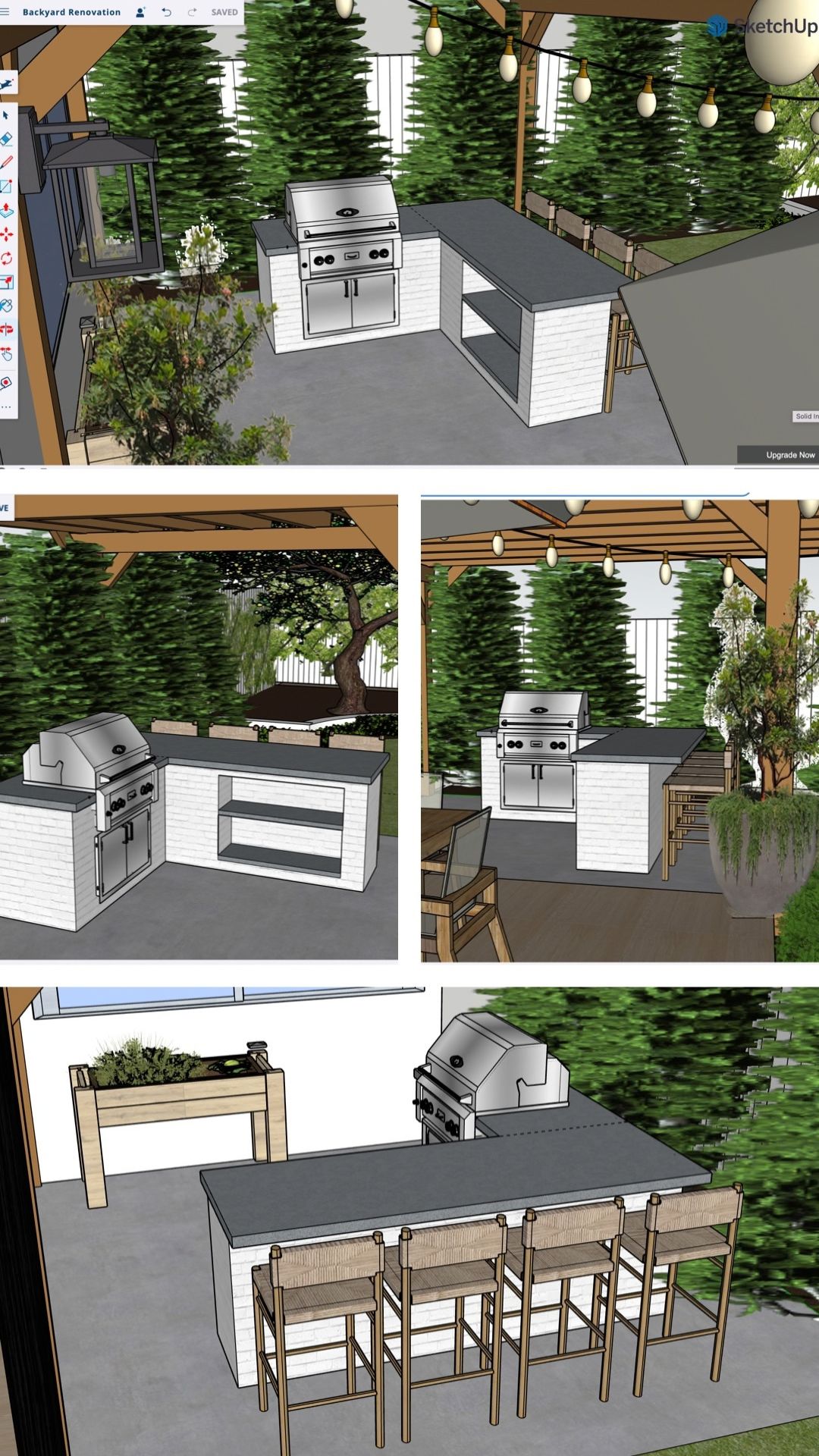 SketchUp 3D renderings of the planned white brick outdoor kitchen with a built-in grill, concrete countertops and bar seating