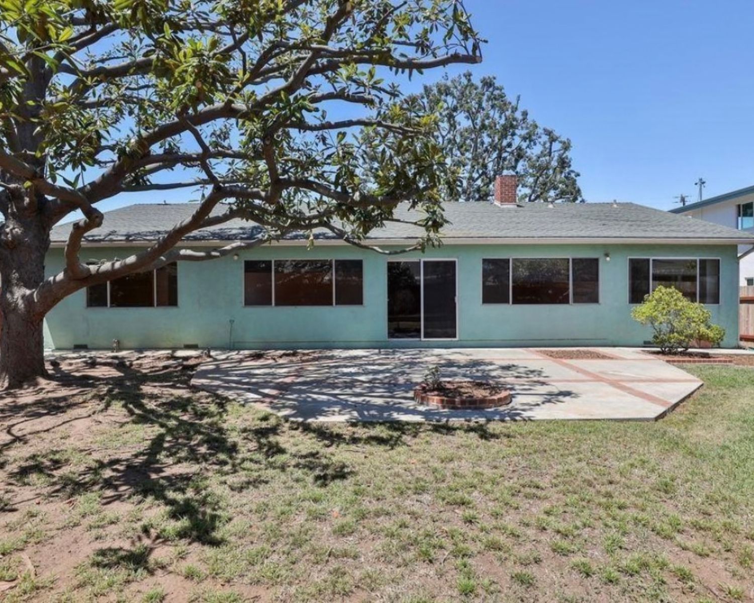 Rear of a California ranch house before the renovation, with pale turquoise walls, a large concrete patio and patchy lawn under a magnolia tree